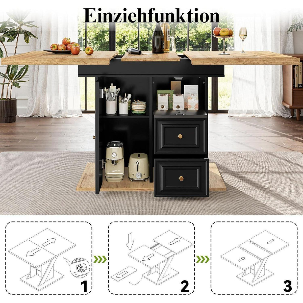 Ausziehbarer Esstisch mit Schubladen – Esszimmer Küchentisch Holz Schwarz
