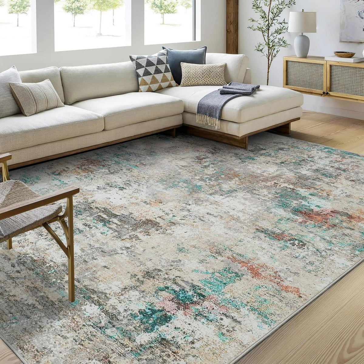Abstrakter Teppich Wohnzimmer 160x230 cm, Kurzflor, Bunt & Waschbar