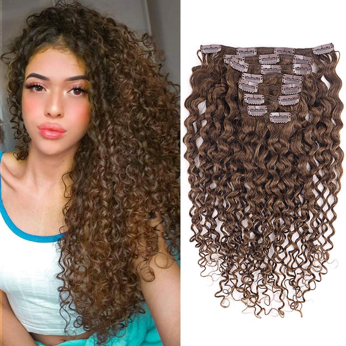 Kinky Curly Clip-in Haarverlängerung Echthaar Dunkel Braun 60cm