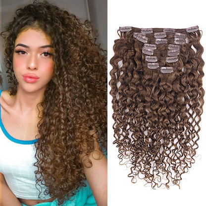 Kinky Curly Clip-in Haarverlängerung Echthaar Dunkel Braun 60cm