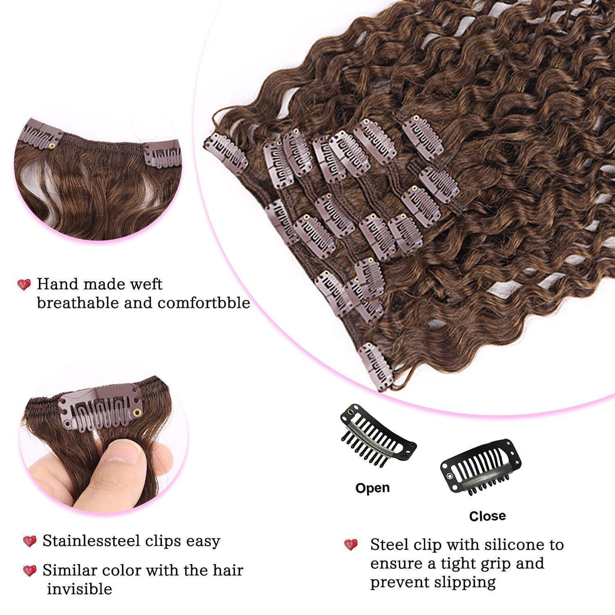 Kinky Curly Clip-in Haarverlängerung Echthaar Dunkel Braun 60cm