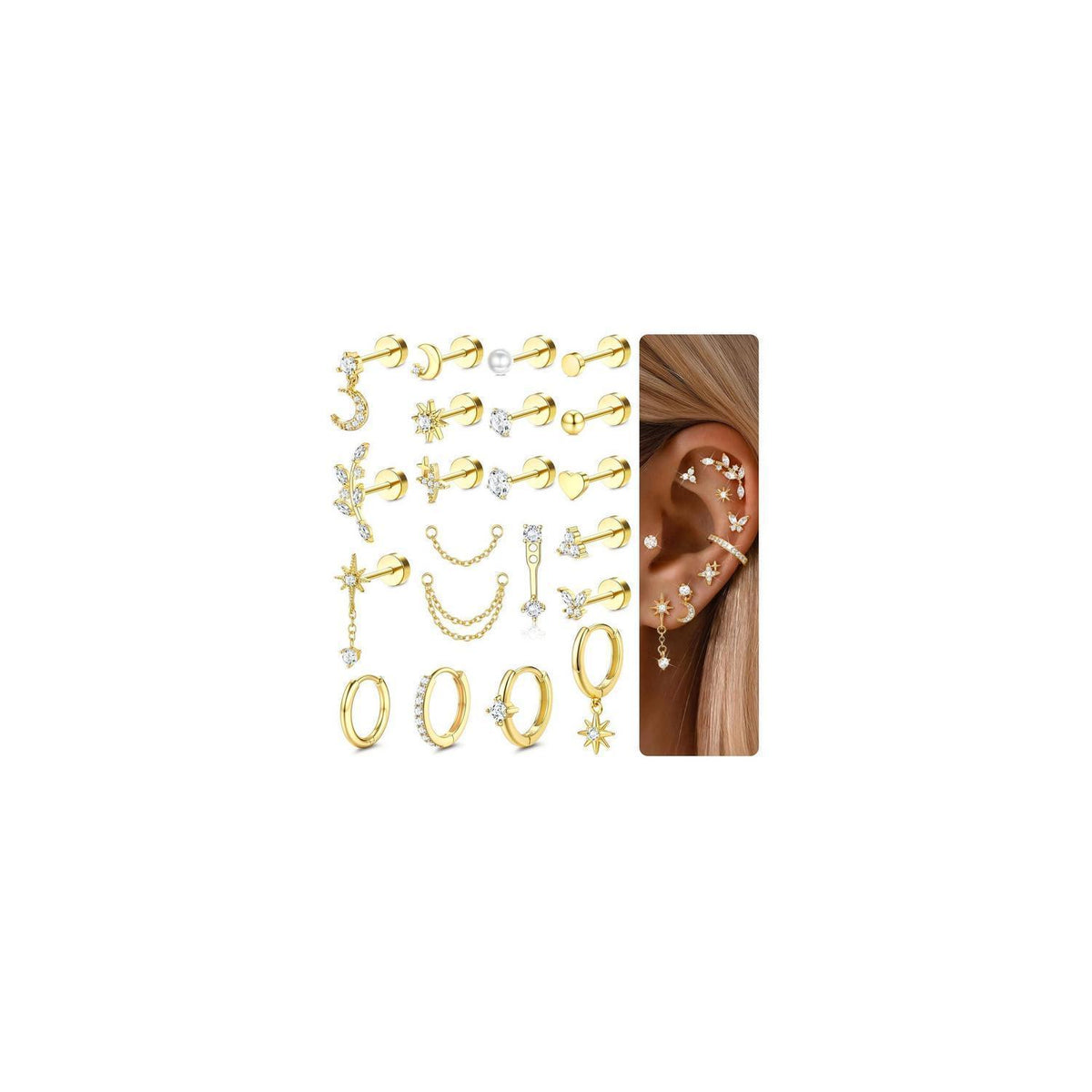 Helix Piercing Set | 21tlg. Ohrringe aus Chirurgenstahl & Gold