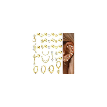 Helix Piercing Set | 21tlg. Ohrringe aus Chirurgenstahl & Gold