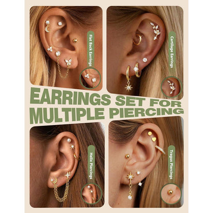 Helix Piercing Set | 21tlg. Ohrringe aus Chirurgenstahl & Gold