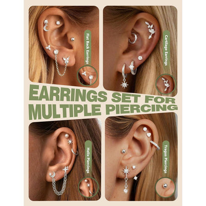 Helix Piercing Set | 21tlg. Ohrringe aus Chirurgenstahl & Gold