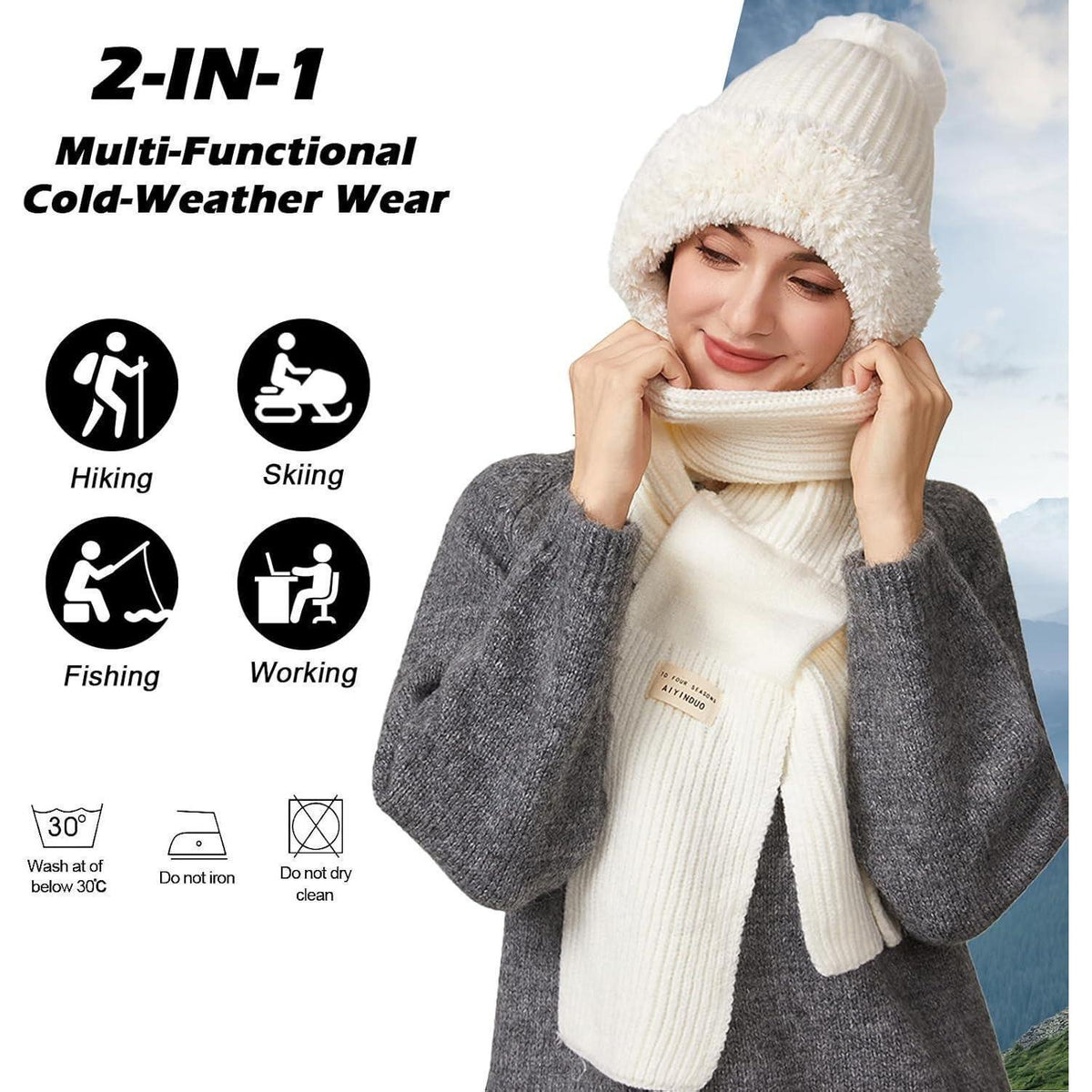 Thermo Wintermütze Damen 3in1 mit Halswärmer & Bommel