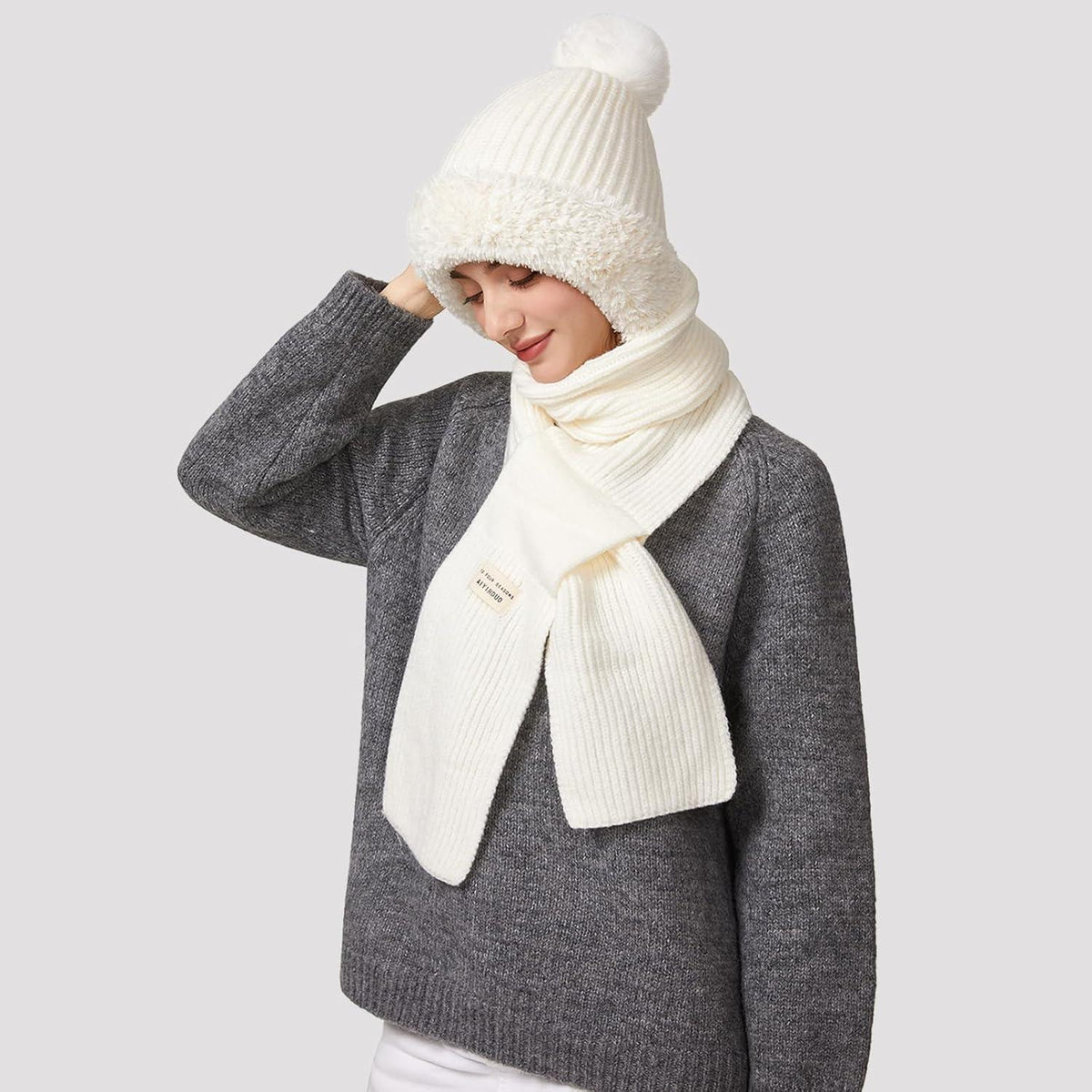 Thermo Wintermütze Damen 3in1 mit Halswärmer & Bommel