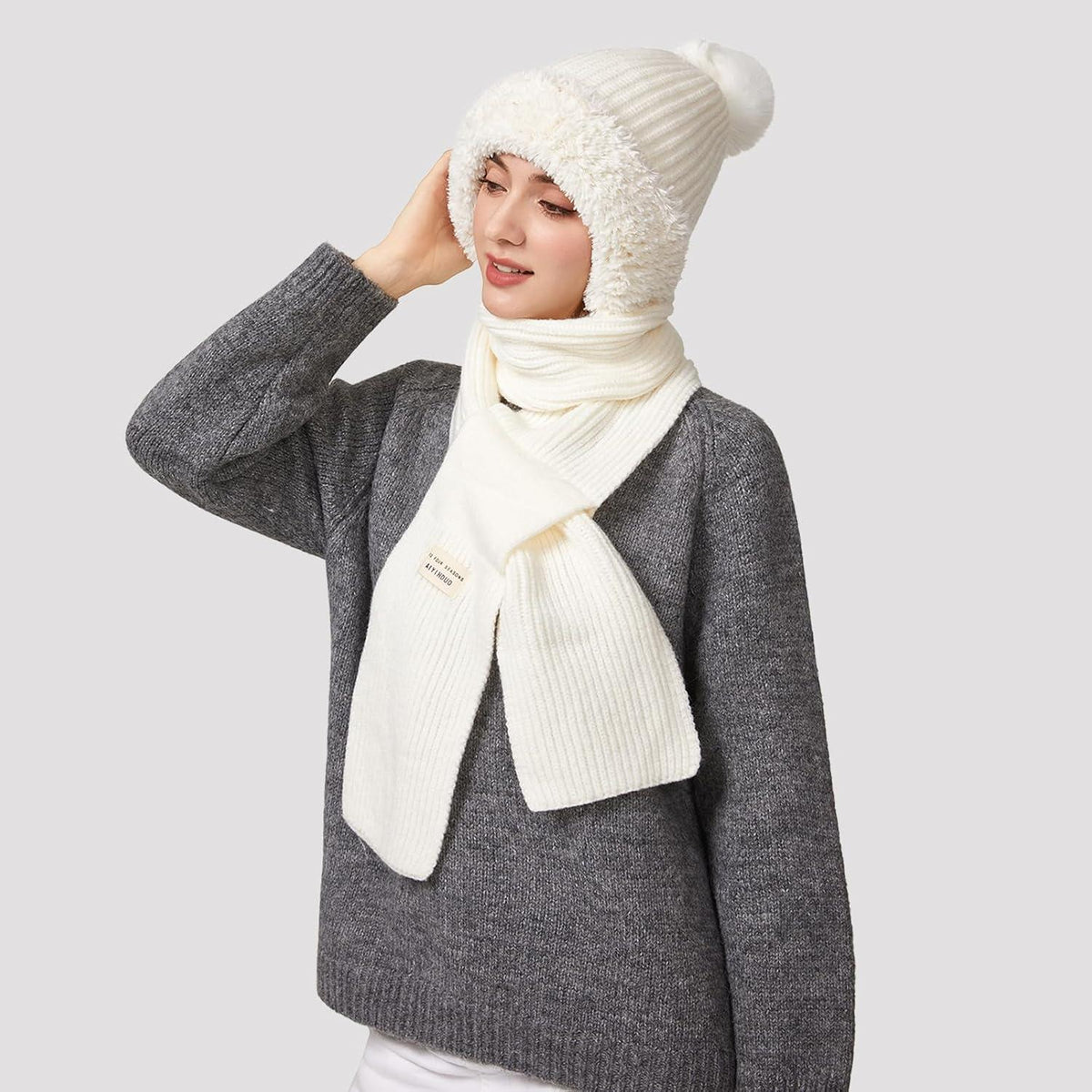 Thermo Wintermütze Damen 3in1 mit Halswärmer & Bommel