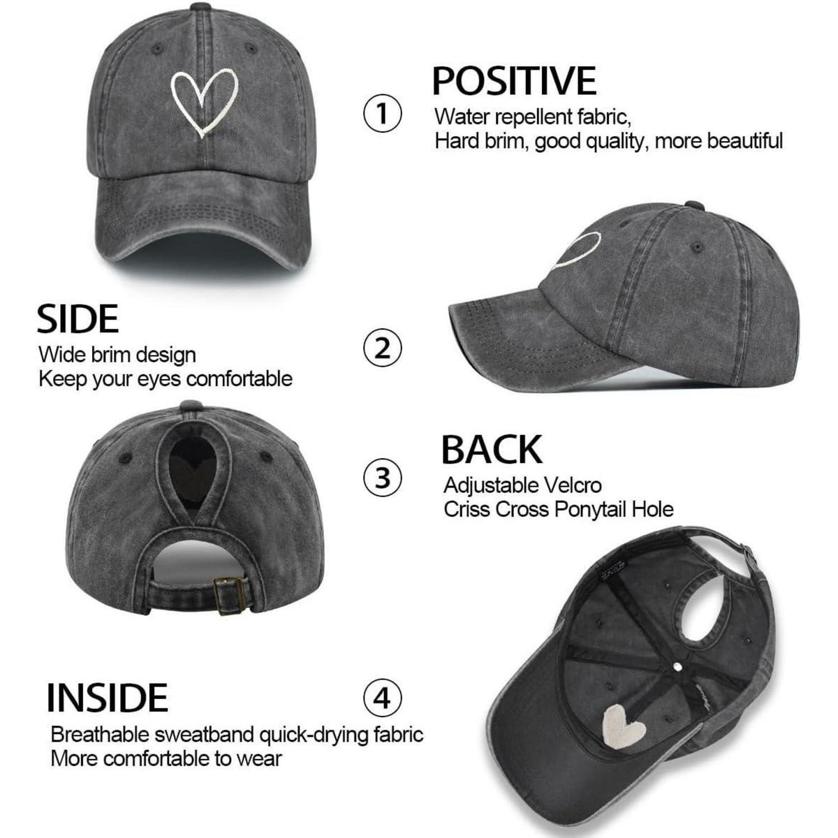 Pferdeschwanz Baseball Cap Herz Stickerei Damen Verstellbar