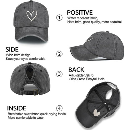Pferdeschwanz Baseball Cap Herz Stickerei Damen Verstellbar