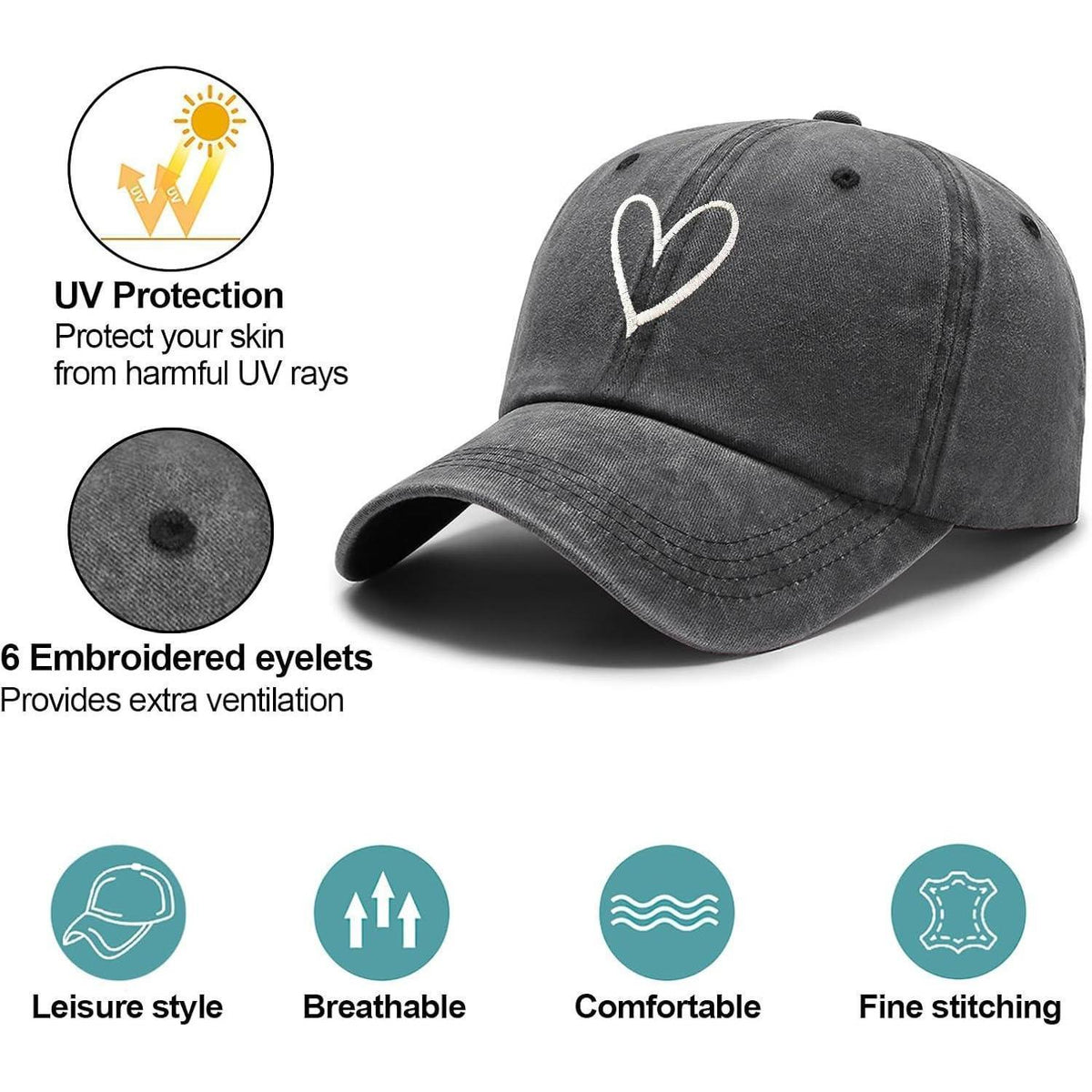 Pferdeschwanz Baseball Cap Herz Stickerei Damen Verstellbar