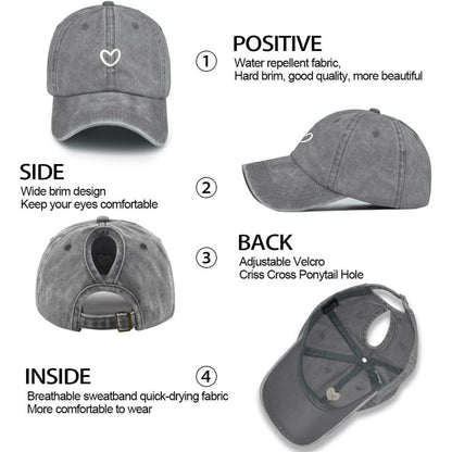 Pferdeschwanz Baseball Cap Herz Stickerei Damen Verstellbar