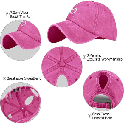 Pferdeschwanz Baseball Cap Herz Stickerei Damen Verstellbar Rosa