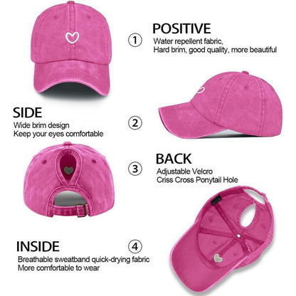 Pferdeschwanz Baseball Cap Herz Stickerei Damen Verstellbar Rosa