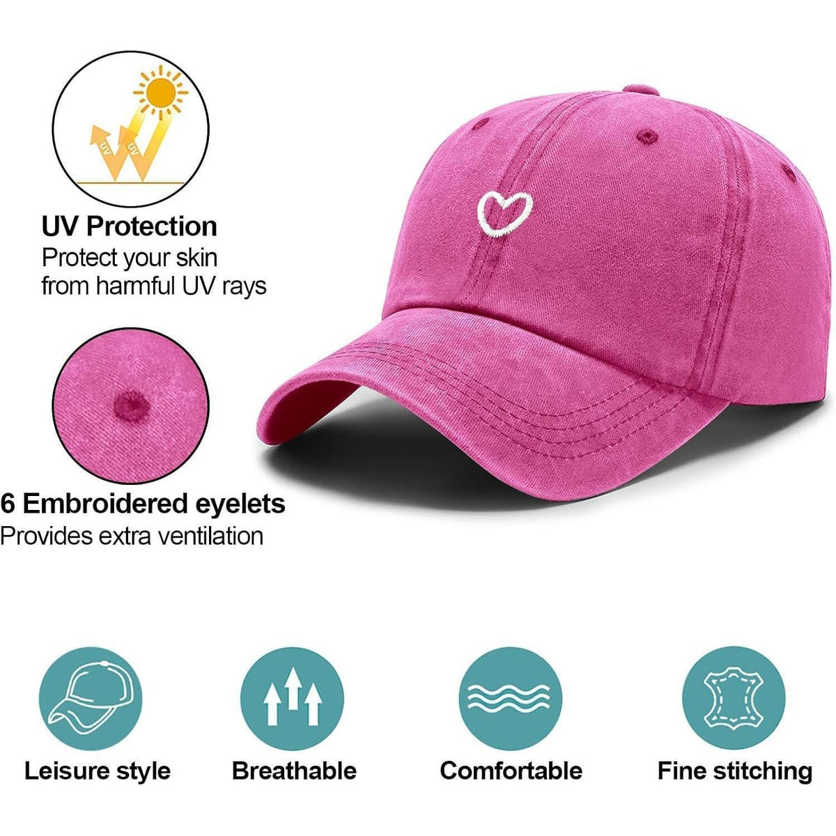 Pferdeschwanz Baseball Cap Herz Stickerei Damen Verstellbar Rosa