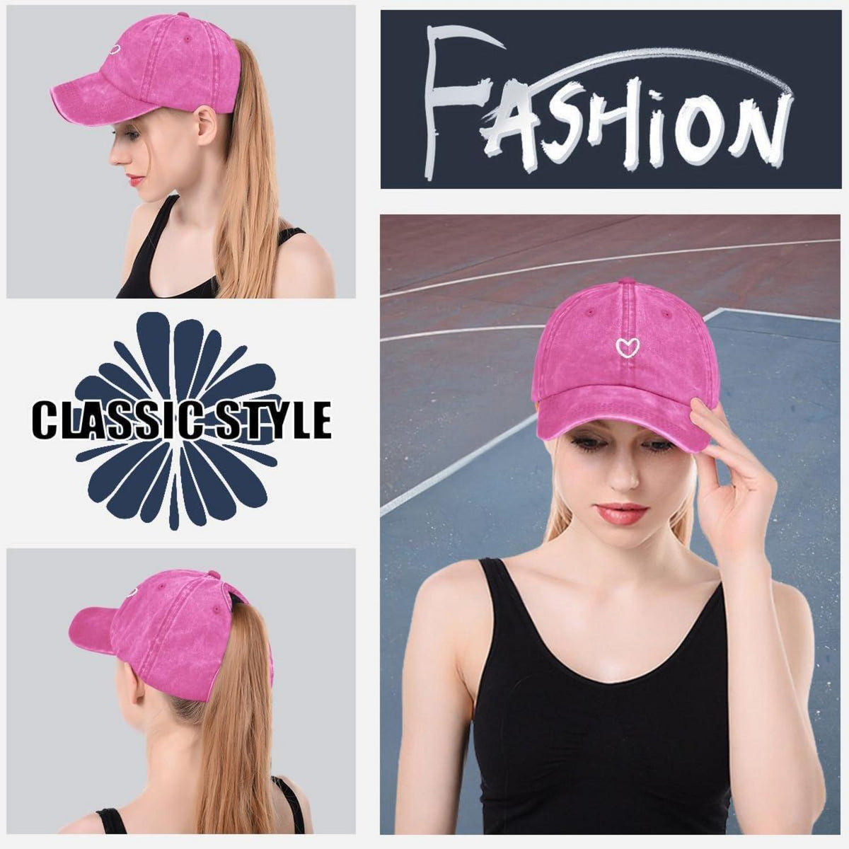 Pferdeschwanz Baseball Cap Herz Stickerei Damen Verstellbar Rosa