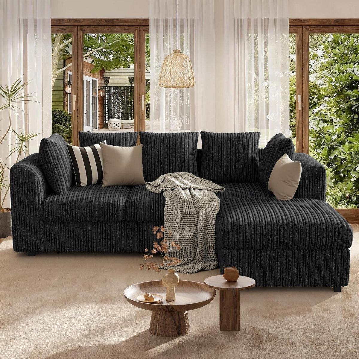 Ecksofa mit Schlaffunktion 212x150 cm, Schwarz Cordstoff