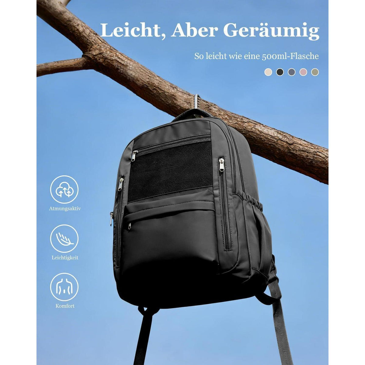 Schulrucksack Herren Damen – Leichter Rucksack mit vielen Fächern Schwarz