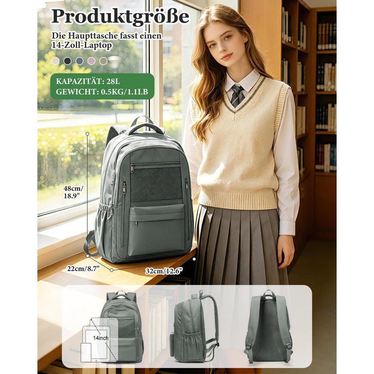 Grün A2-Grün Rucksack Schule Herren Damen – Leichter Schulrucksack 30L