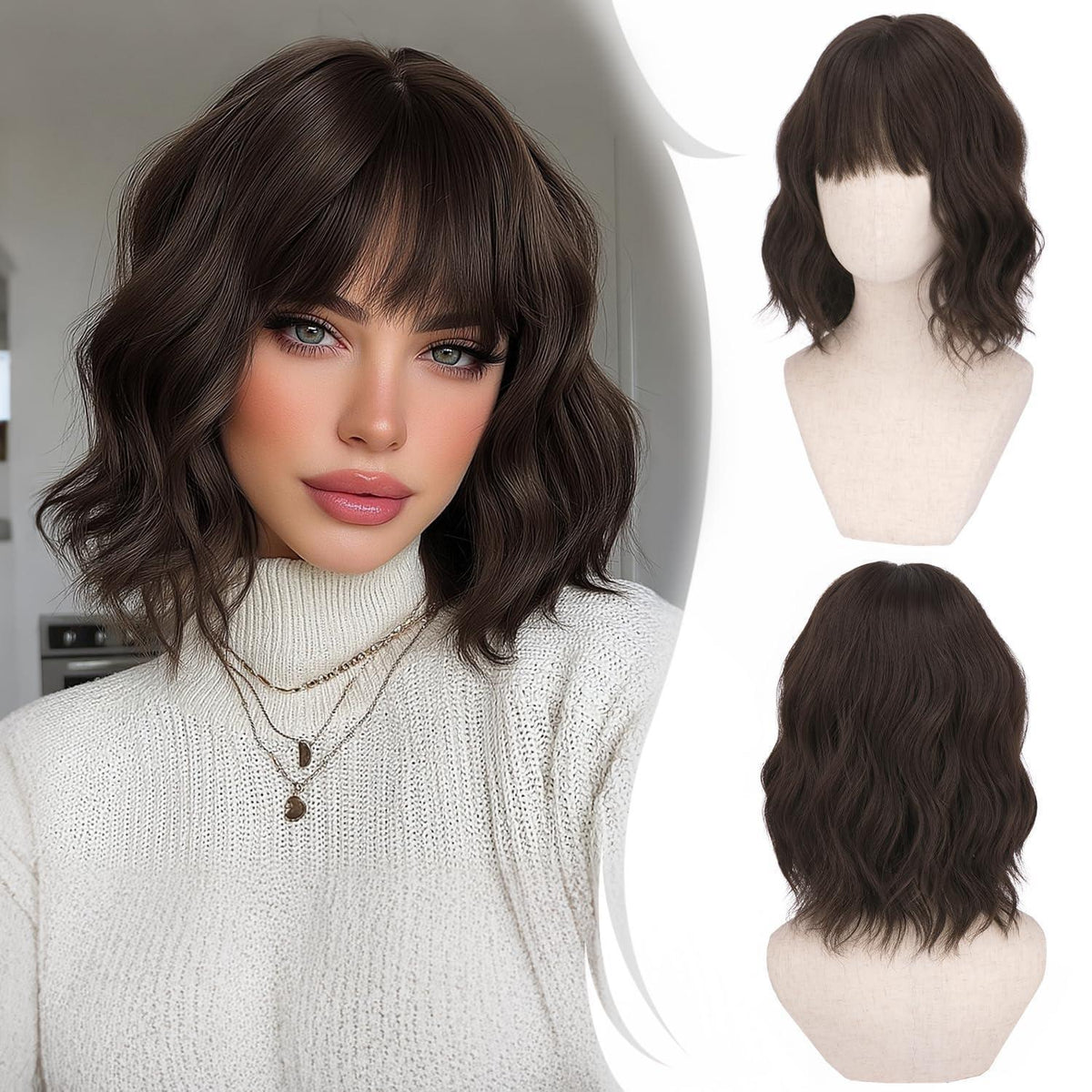 Kurze gewellte Bob Perücke mit Pony – Dunkelbraun 35cm
