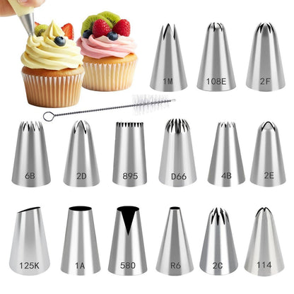 15er Edelstahl Spritztüllen Set für Kuchen & Torten Dekoration