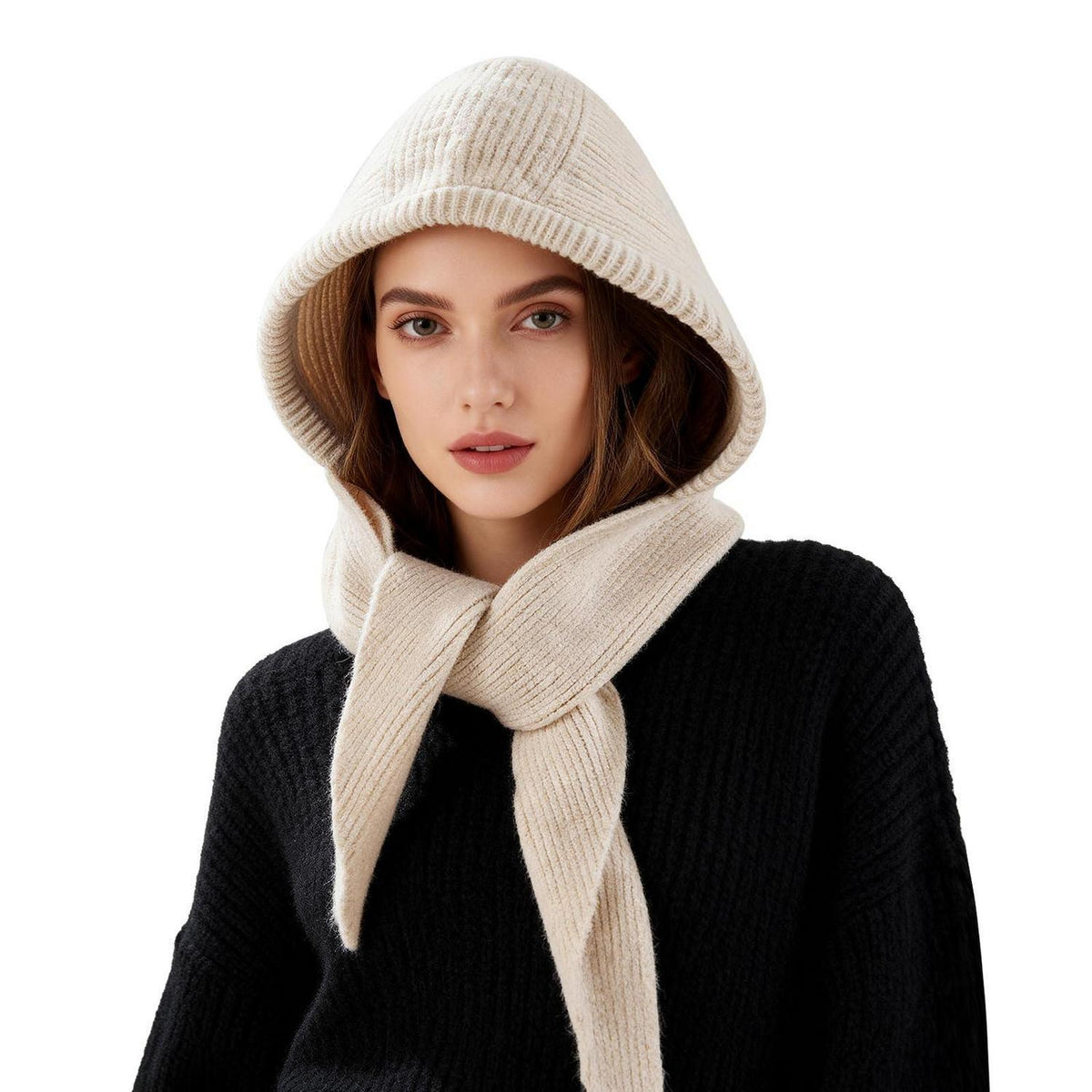 Strickmütze mit Schal 2-in-1 Kapuzenschal Unisex Beige