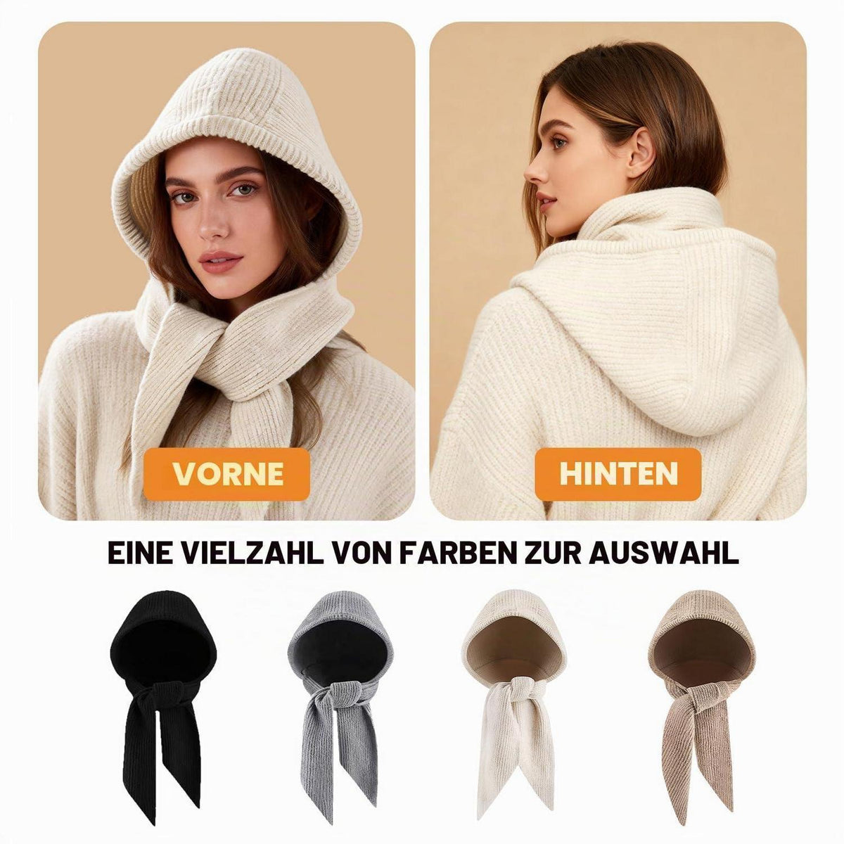 Strickmütze mit Schal 2-in-1 Kapuzenschal Unisex Beige