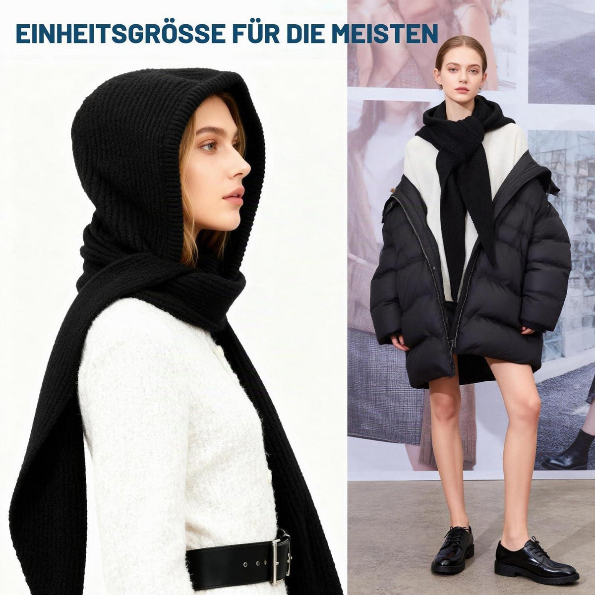 Warme Strickmütze mit Schal 2-in-1 Sturmhaube Unisex Schwarz