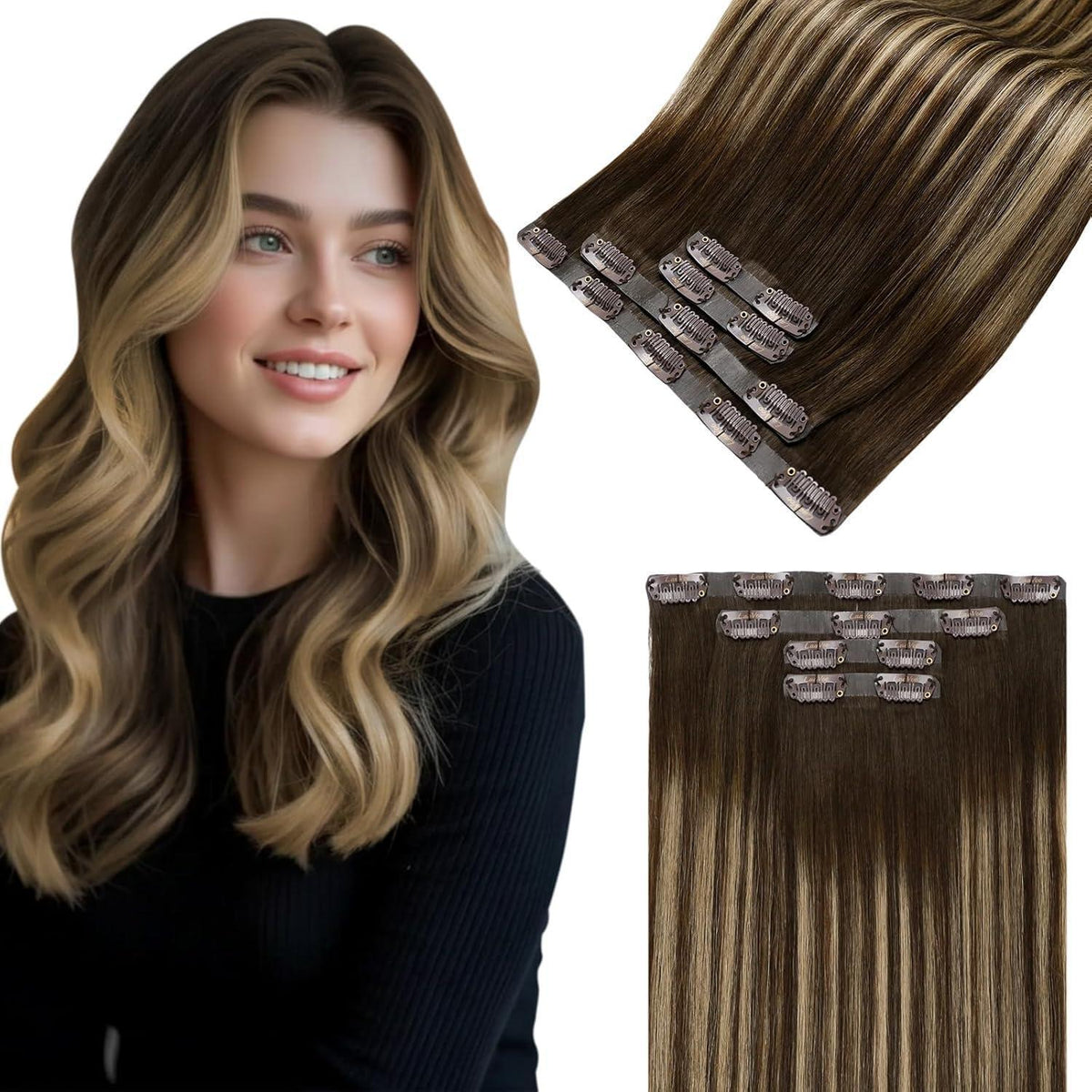 Echthaar Clip-in Extensions Braun Balayage 35cm