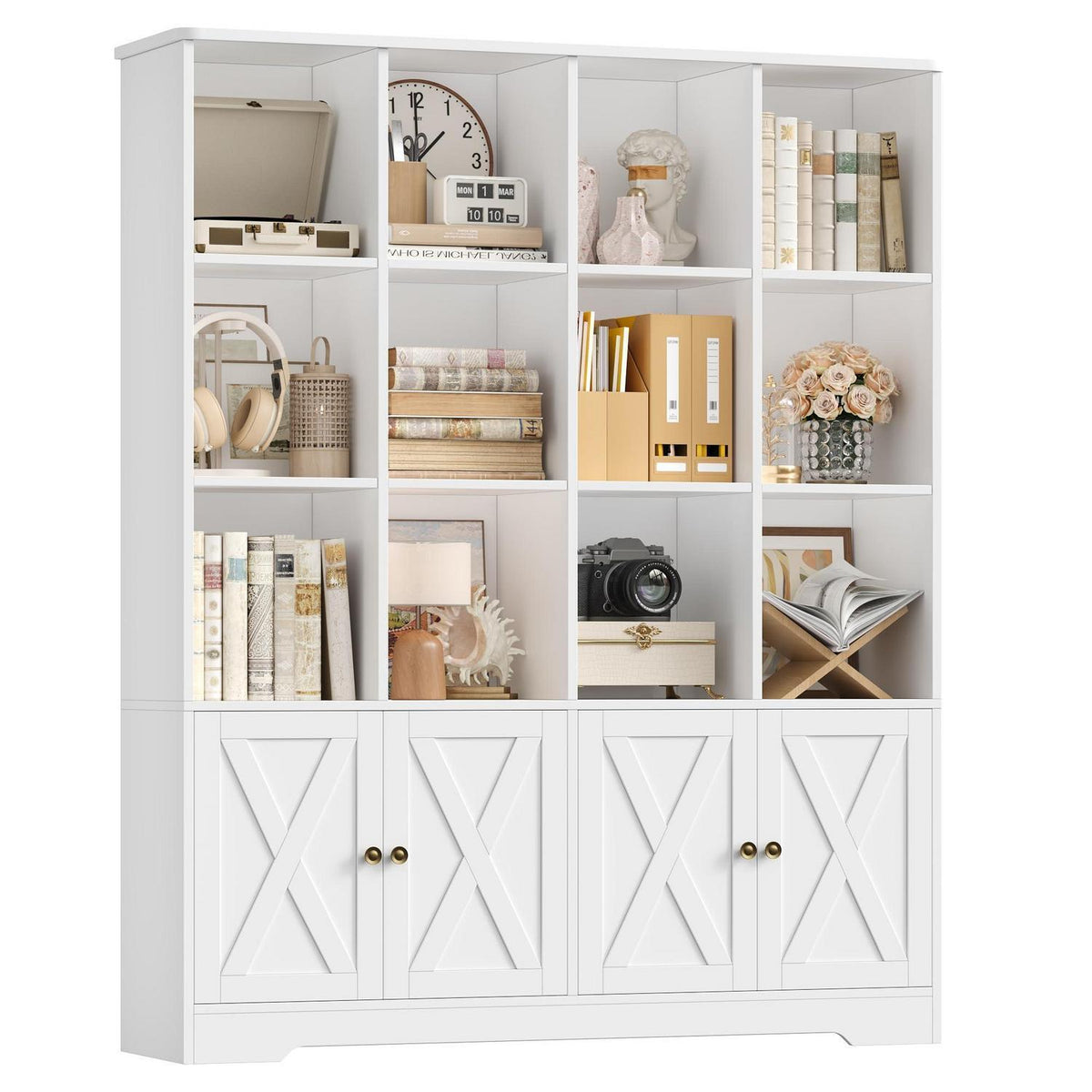 Bücherregal mit Türen & 12 Fächern | Weißes Holzregal für Wohnzimmer