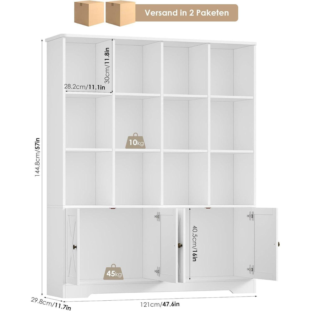 Bücherregal mit Türen & 12 Fächern | Weißes Holzregal für Wohnzimmer
