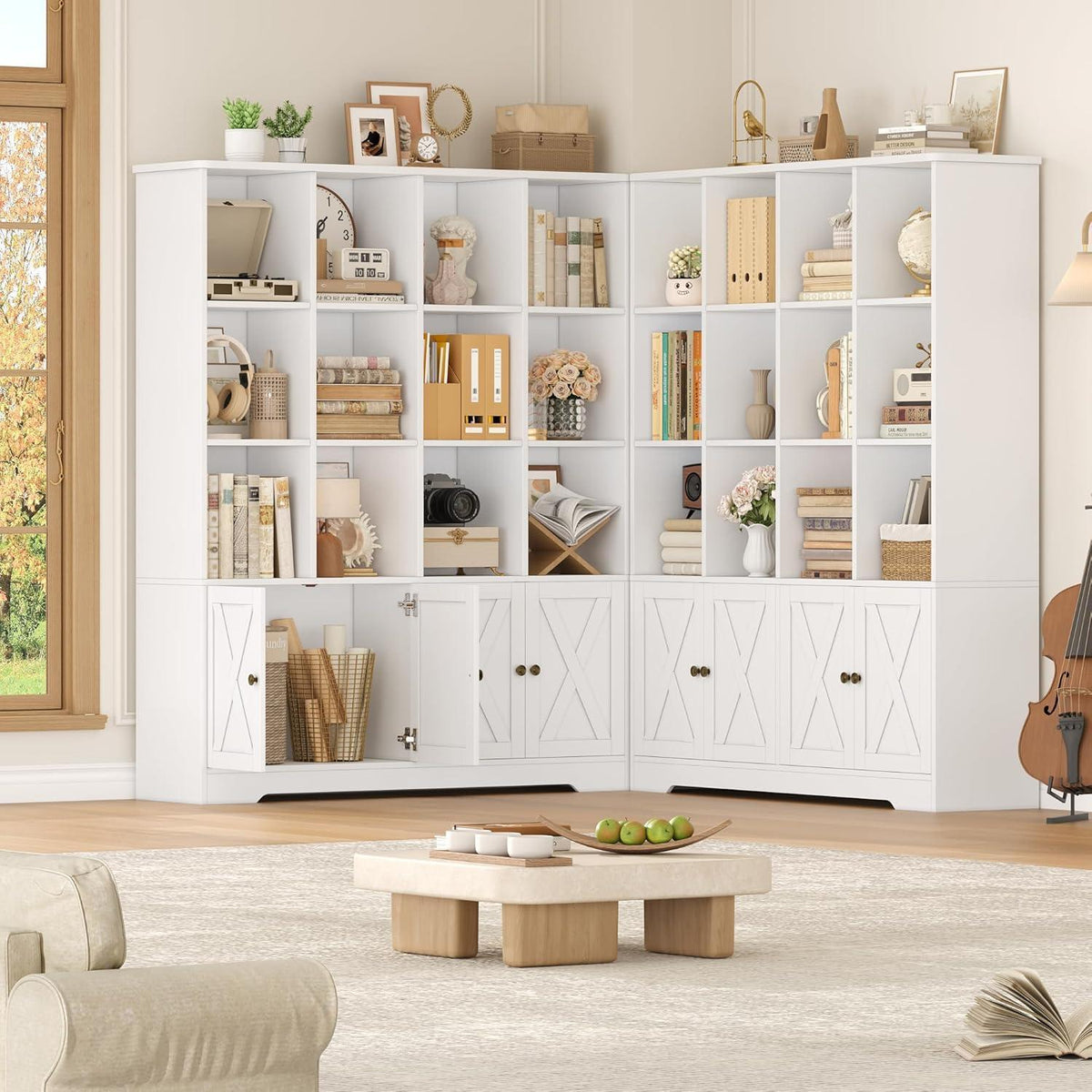 Bücherregal mit Türen & 12 Fächern | Weißes Holzregal für Wohnzimmer