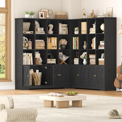 Bücherregal mit Türen & 12 Fächern – Hochschrank Holz Schwarz