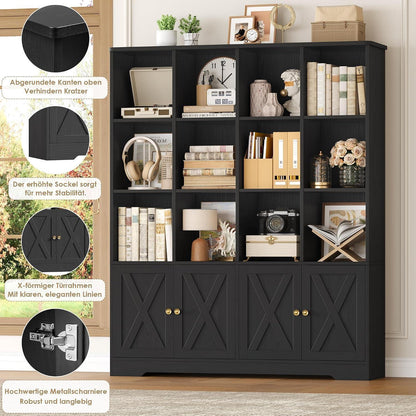 Bücherregal mit Türen & 12 Fächern – Hochschrank Holz Schwarz