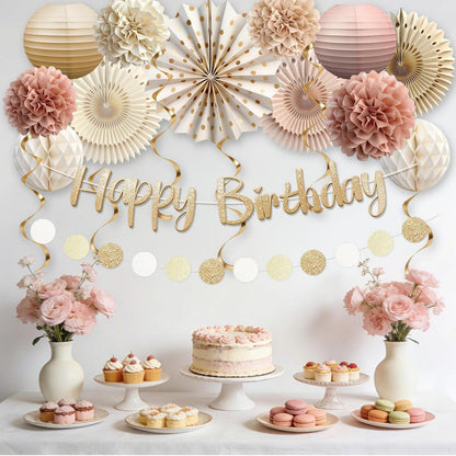 Boho Geburtstagsdeko Set Beige Rosa – Party Deko für Frauen