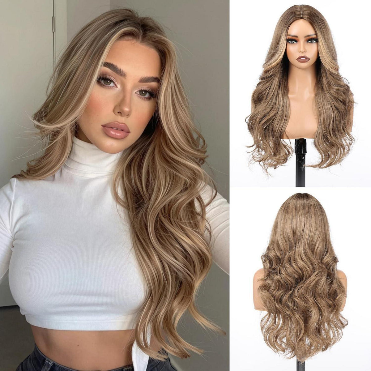 Lange Wellenperücke Braun Blonde mit Mittelscheitel 26 Zoll