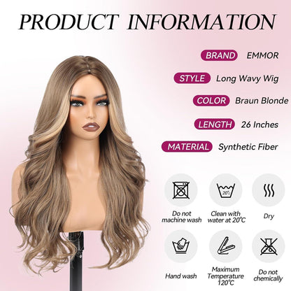 Lange Wellenperücke Braun Blonde mit Mittelscheitel 26 Zoll