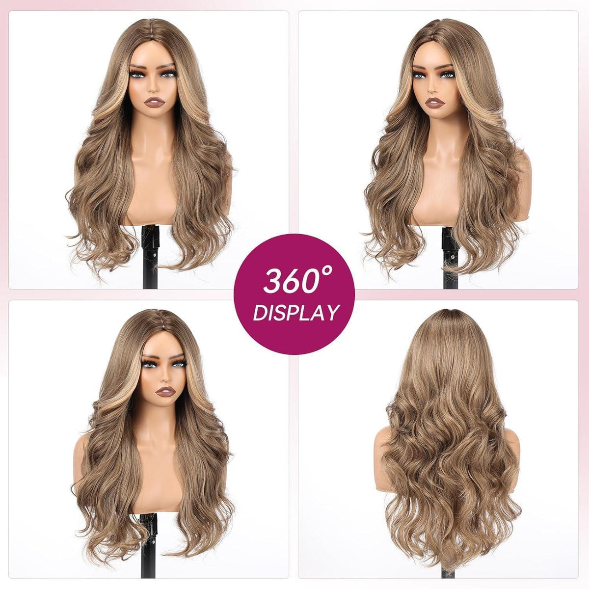Lange Wellenperücke Braun Blonde mit Mittelscheitel 26 Zoll