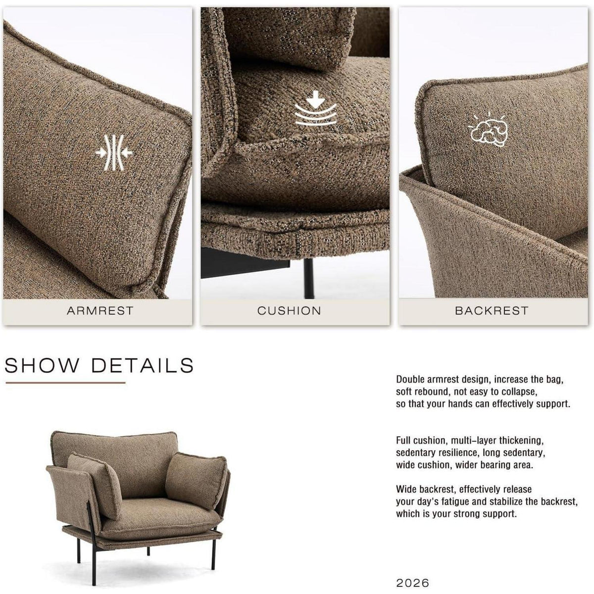 Bouclé Loungesessel mit Metallbeinen – Braun