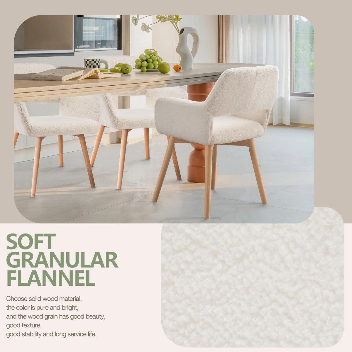 Mid-Century Modern Esszimmerstuhl 2er-Set, Wollweiß