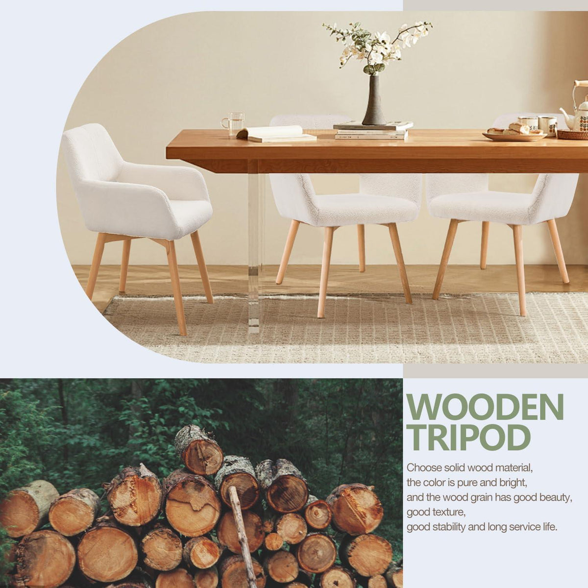 Mid-Century Modern Esszimmerstuhl 2er-Set, Wollweiß
