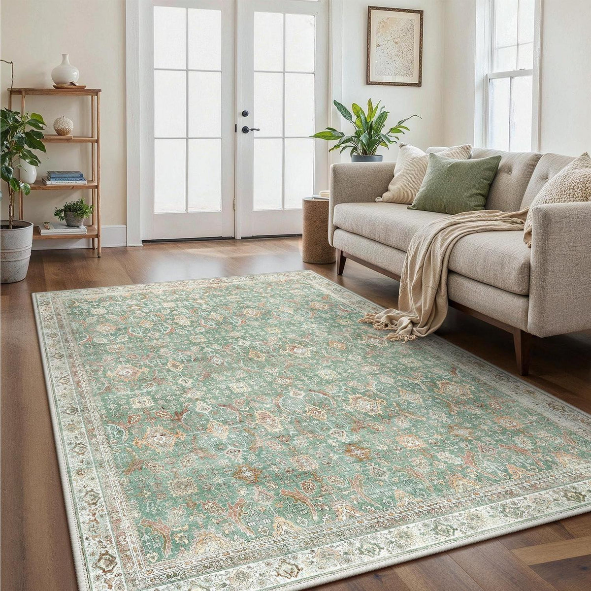 Teppich Wohnzimmer 200x290 cm, Salbeigrün, Kurzflor & Rutschfest