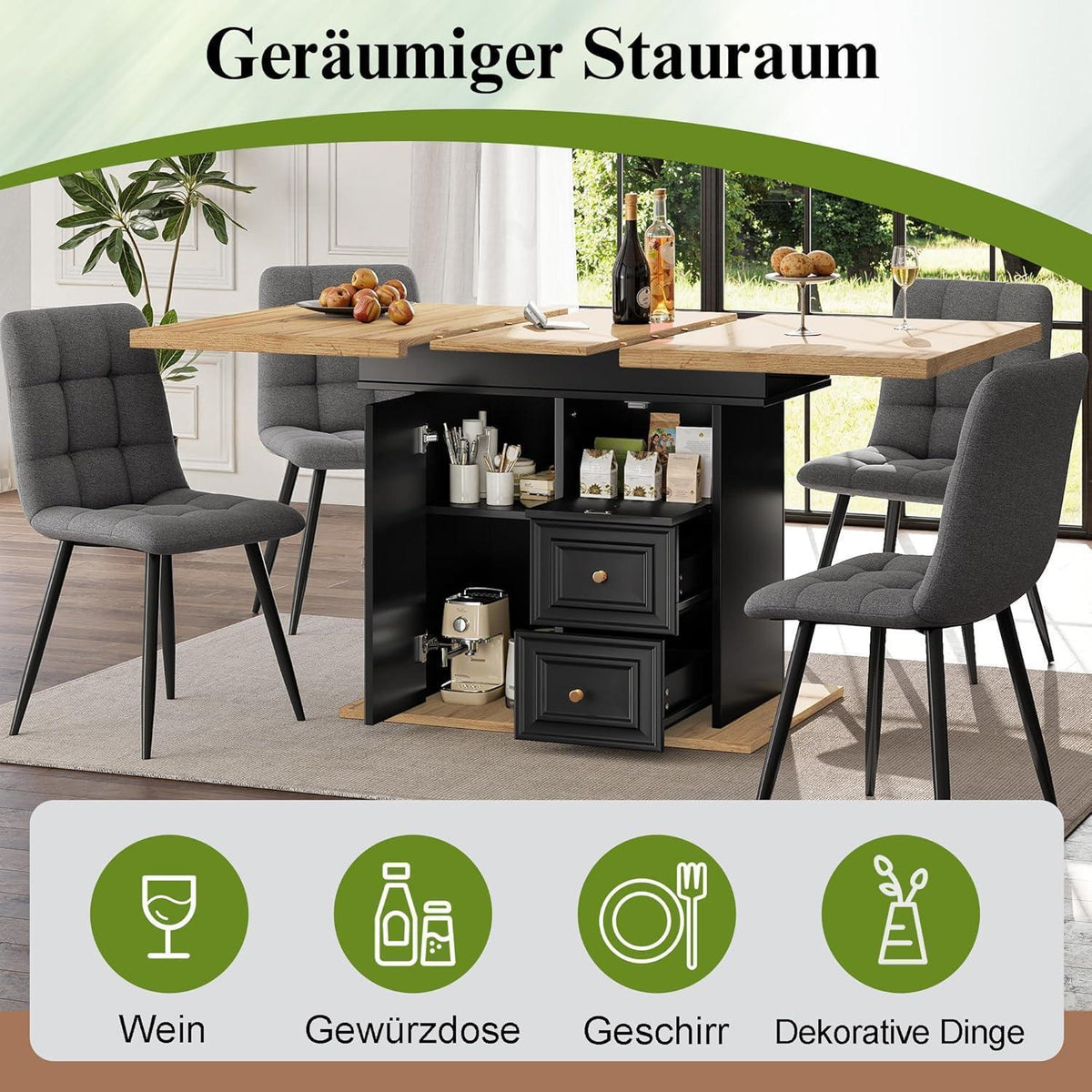 Ausziehbarer Esstisch Holz 110-140cm mit Stauraum