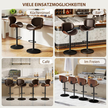 Barhocker Set 2x Höhenverstellbar, Holz Braun in Lederoptik