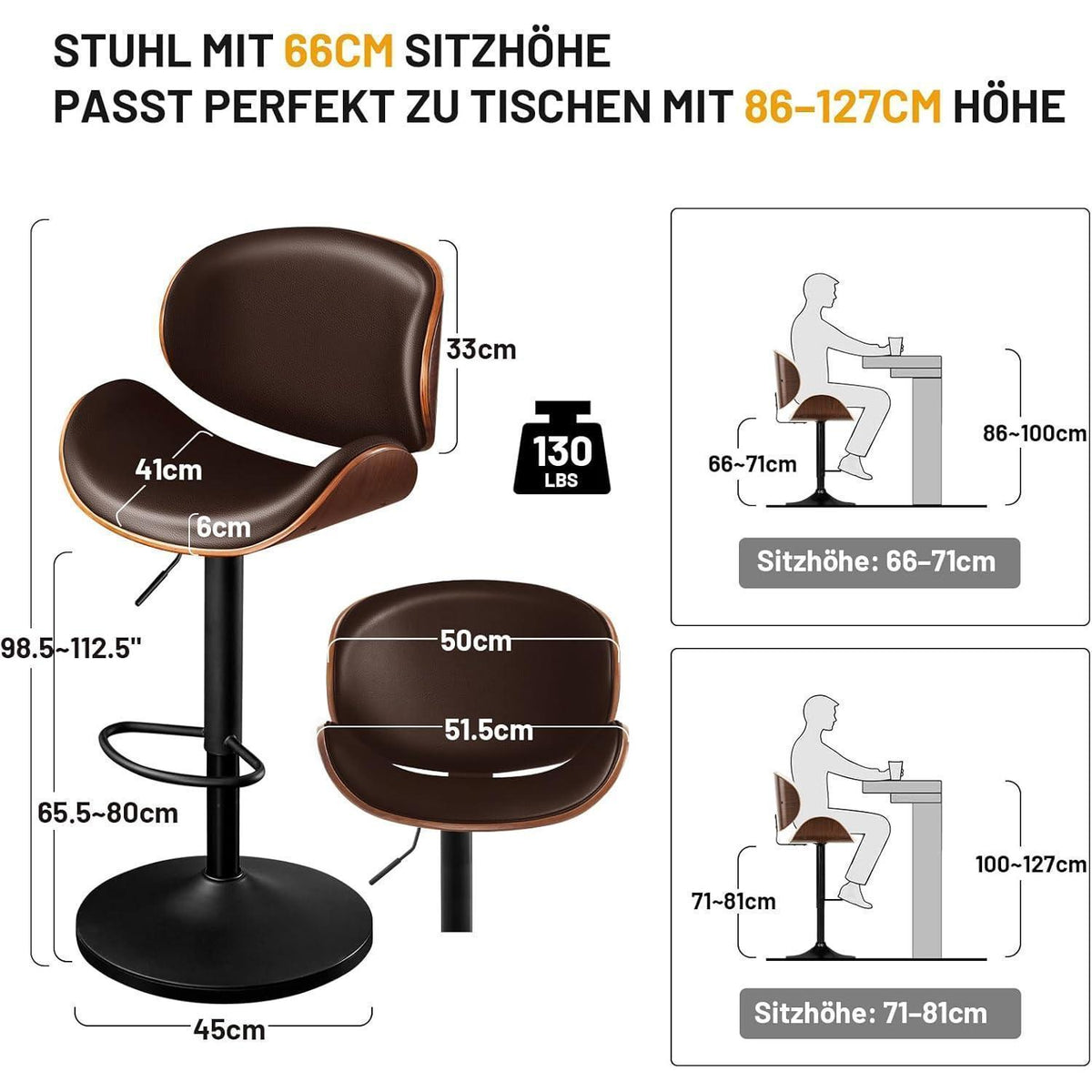 Barhocker Set 4er – Höhenverstellbar, Holz Braun in Lederoptik