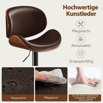 Barhocker Set 4er – Höhenverstellbar, Holz Braun in Lederoptik