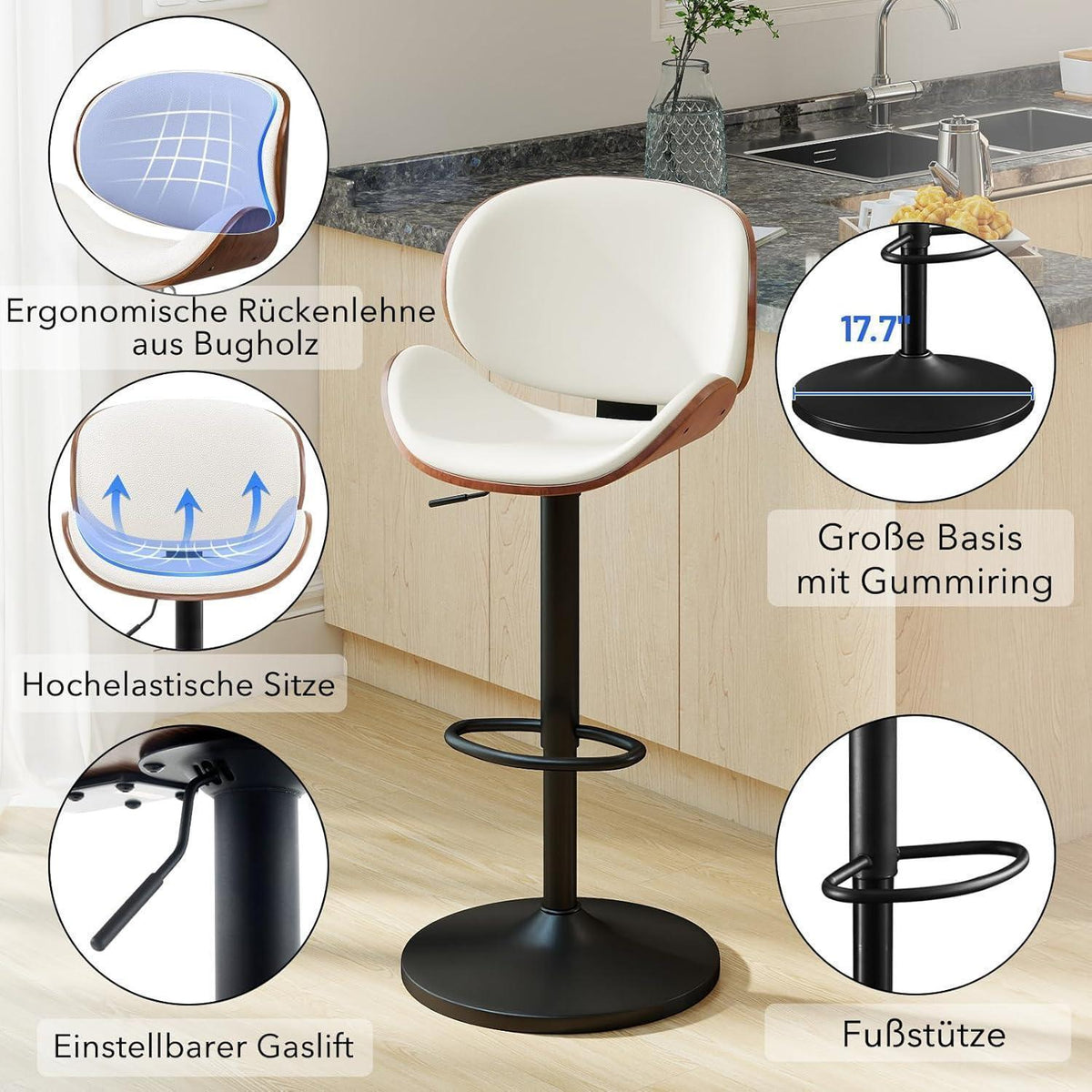 Barhocker Set 4er – Höhenverstellbar, Holz, Weiß in Lederoptik