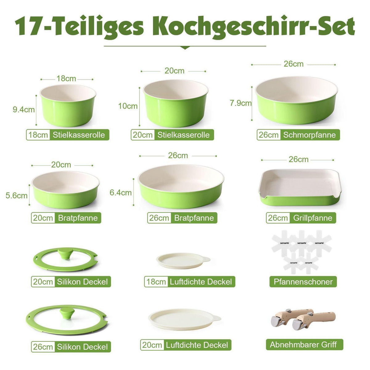 17-teiliges Antihaft-Kochgeschirrset mit abnehmbaren Griffen