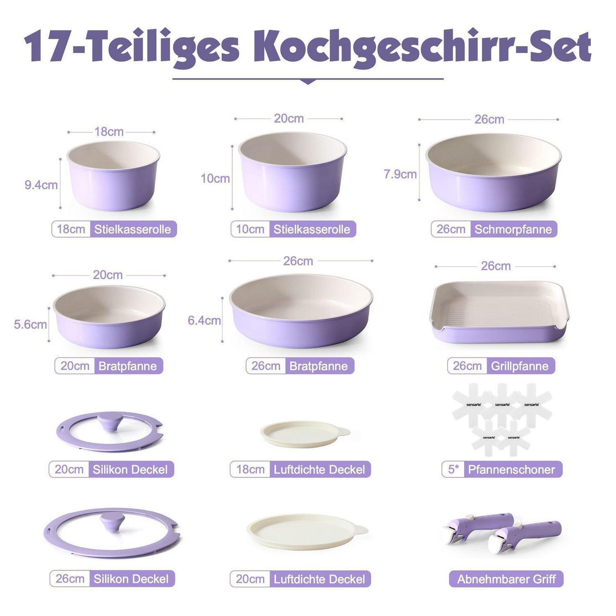 17-teiliges Antihaft-Kochgeschirrset Lila – Abnehmbare Griffe