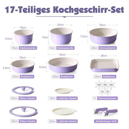 17-teiliges Antihaft-Kochgeschirrset Lila – Abnehmbare Griffe